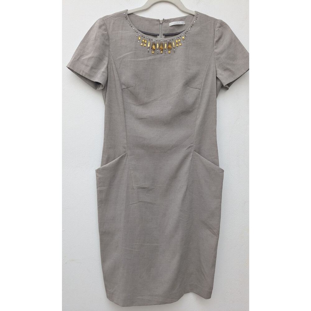 Izzat Baba Women's Sheath Dress Gray Beaded Neckline Short Sleeve Pockets Sz XS